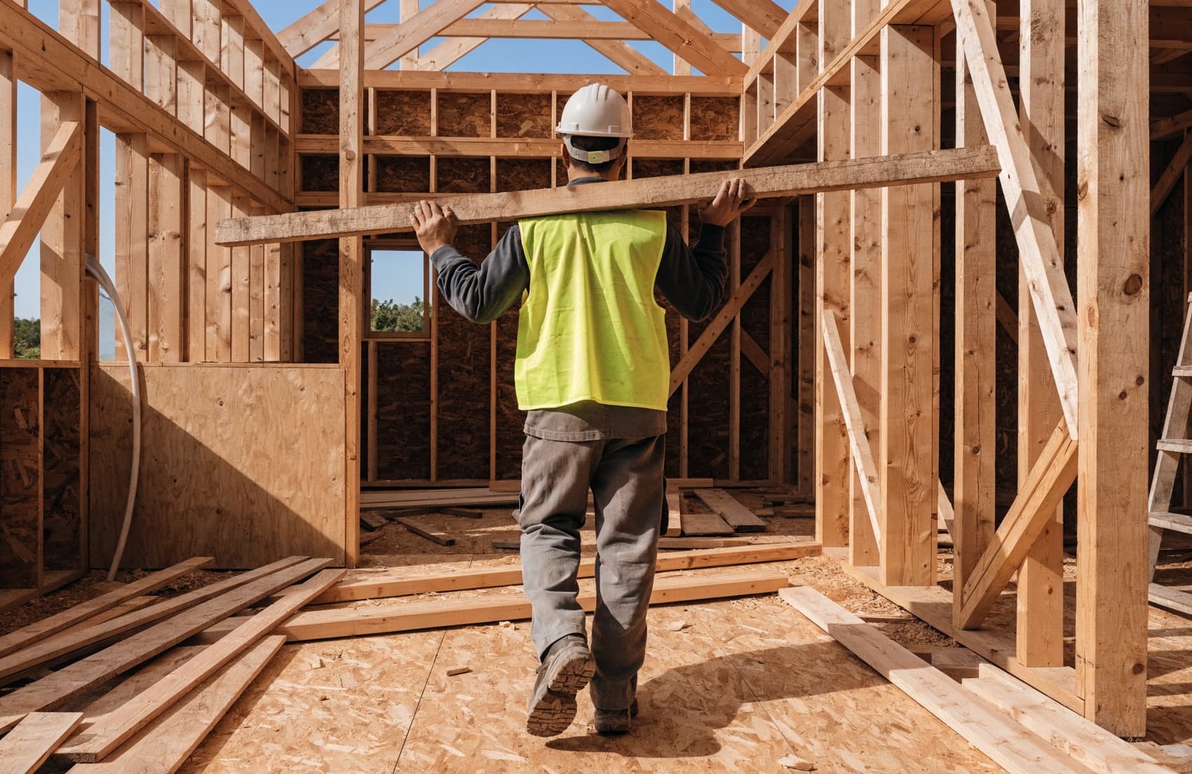 A home builder reviewing project plans on a residential construction site