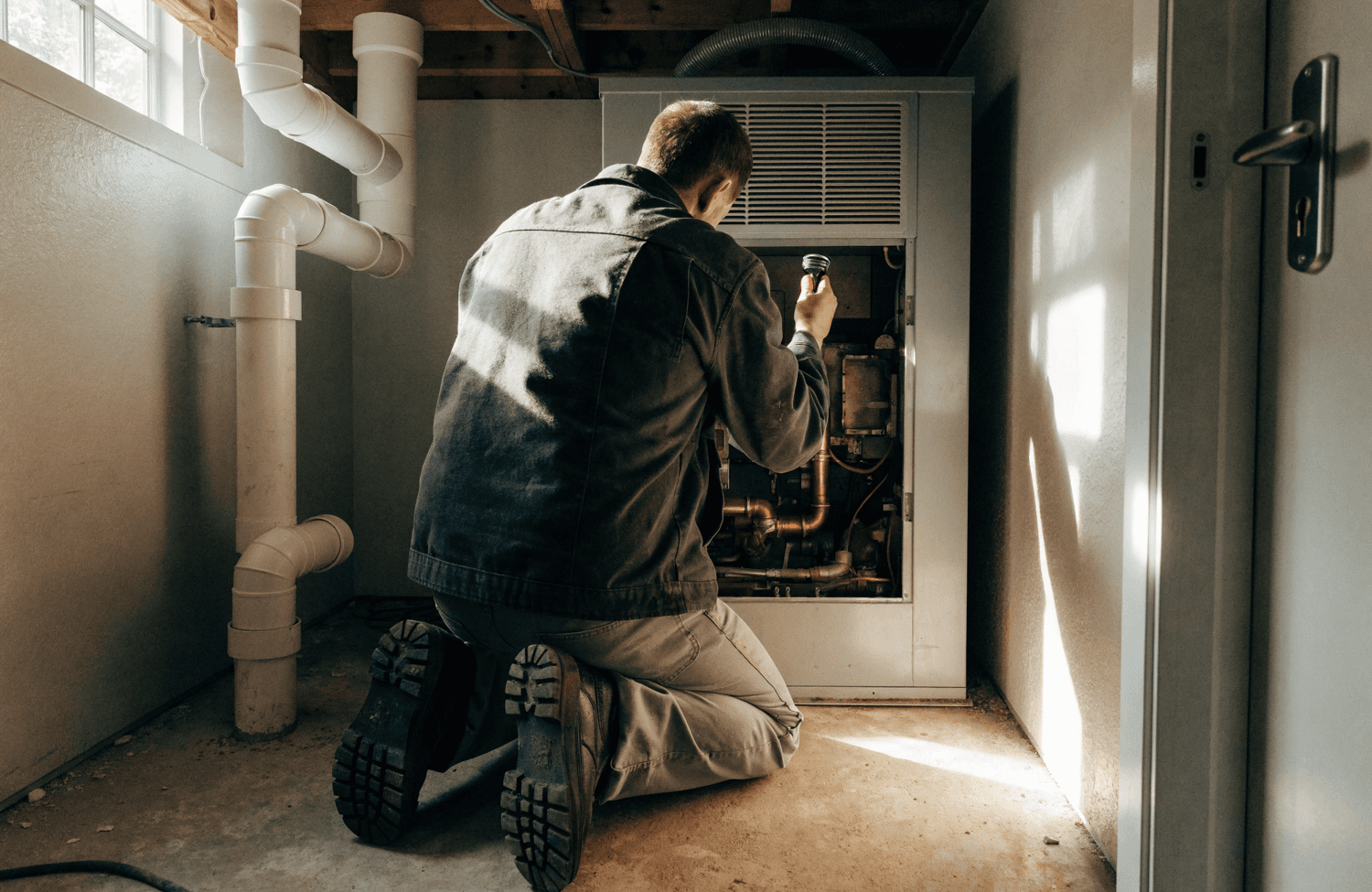 An HVAC technician on a job booked through year-round HVAC marketing