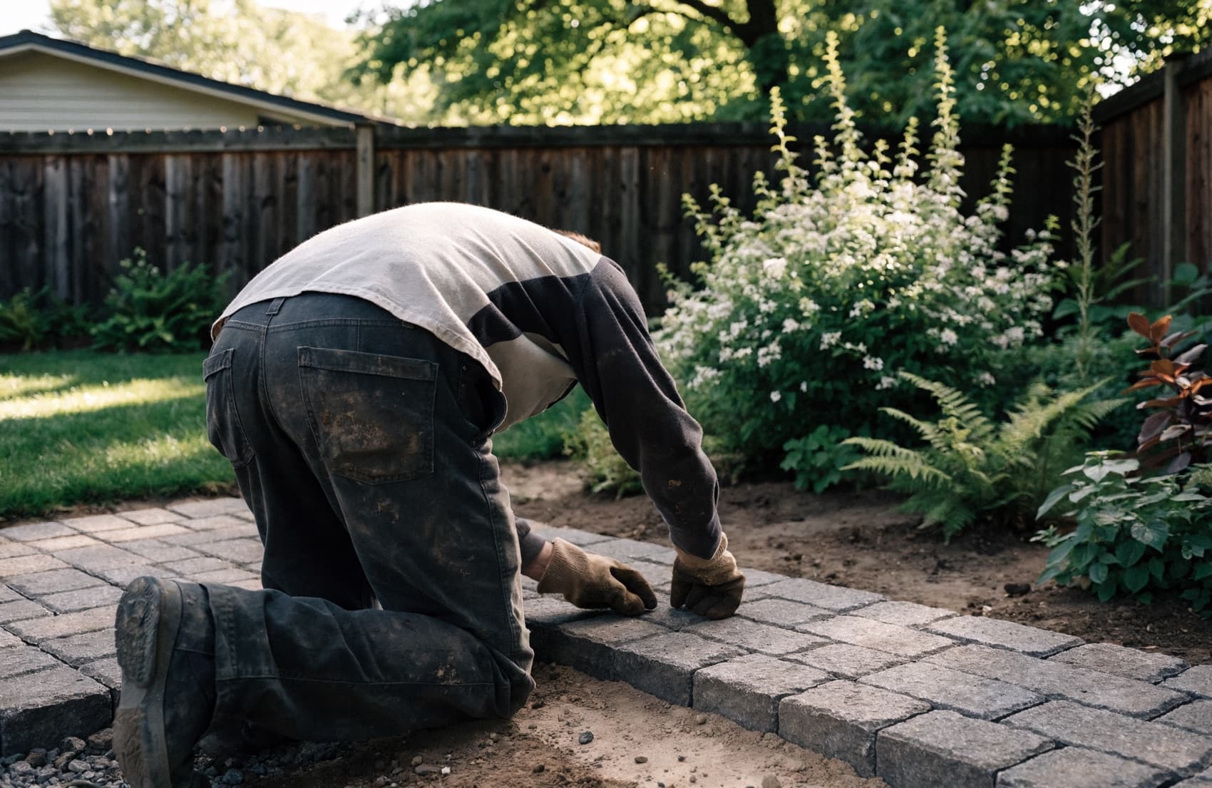 A landscaper reviewing booked jobs on a phone in front of a finished backyard install