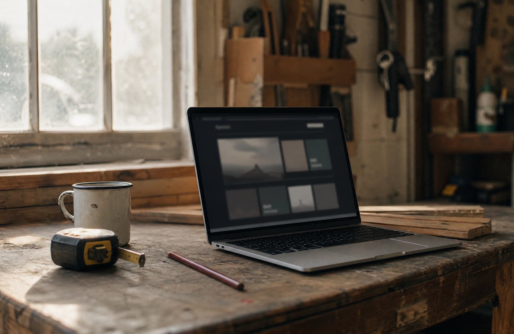 A contractor's laptop open on the workbench, showing a website built to win local jobs