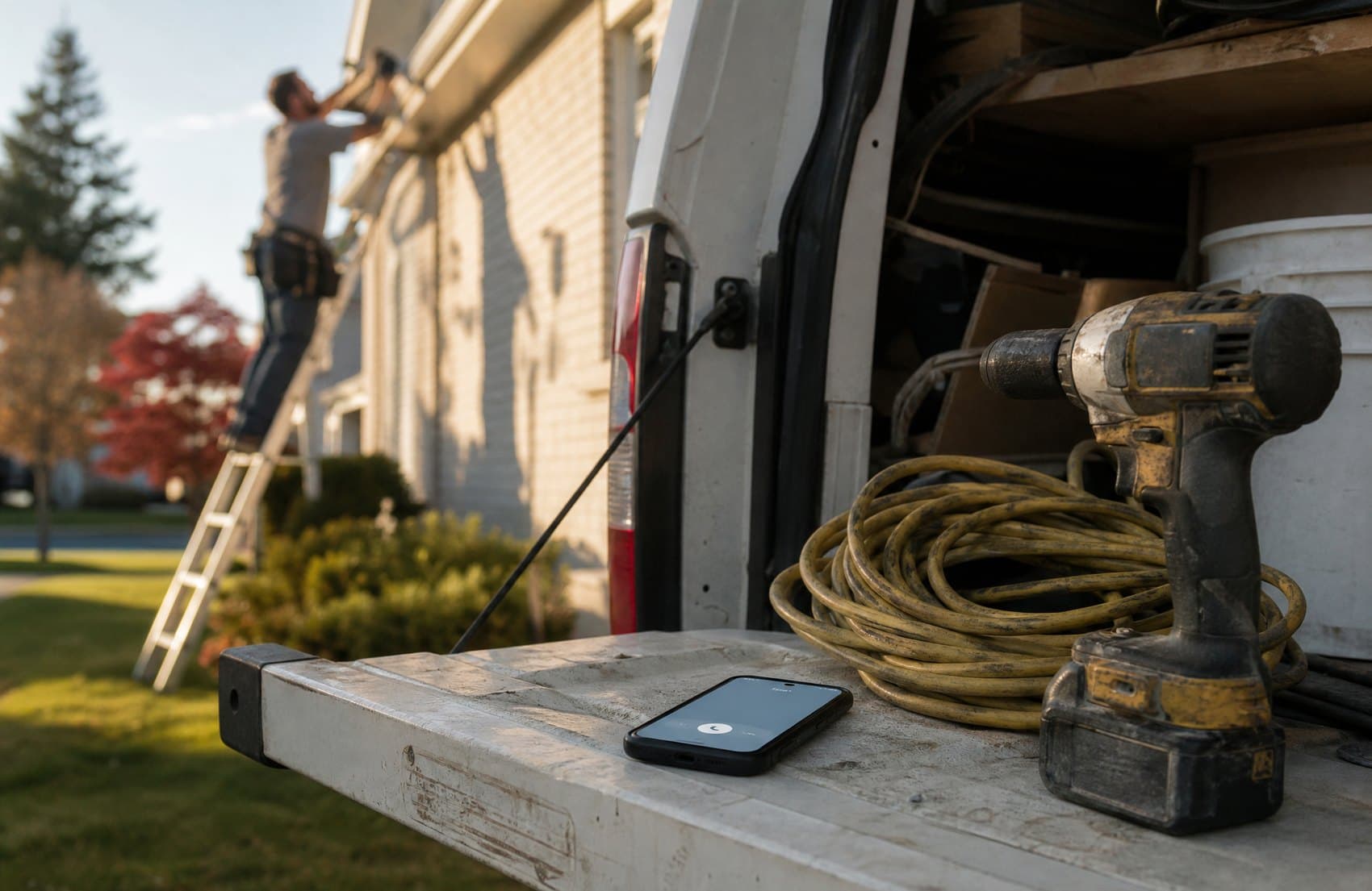 A contractor's phone ringing unanswered on the van tailgate while he works up a ladder