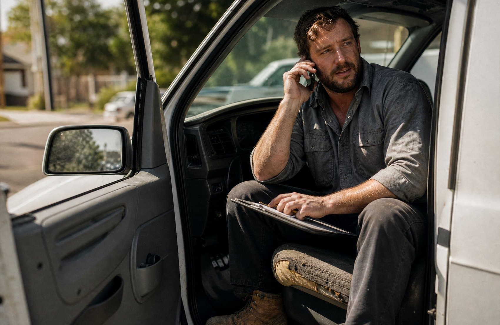 A contractor answering a new lead from the van, minutes after the enquiry came in